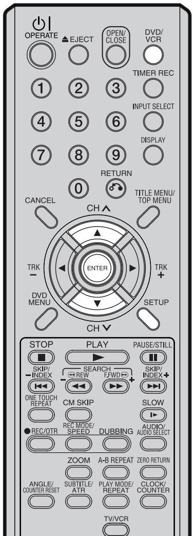 OPERATE ▲EJECT OPEN/ CLOSE DVD/ VCR TIMER REC 1 2 3 INPUT SELECT 4 5 6 DISPLAY 7 8 9 RETURN 0 TITLE MENU/ TOP MENU CANCEL CH ENTER TRK DVDMENU SETUP CH▼ STOP PLAY PAUSE/STILL SKIP/ INDEX SEARCH SKIP/ INDEX+ -REW F/FWD+ ONE TOUCH REPEAT CM SKIP SLOW ●REC/OTR REC MODE/ SPEED DUBBING AUDIO/ AUDIO SELECT ZOOM A-B REPEAT ZERO RETURN ANGLE/ COUNTER RESET SUBTITLE/ ATR PLAY MODE/ REPEAT CLOCK/ COUNTER TV/VCR