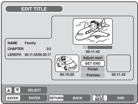 EDIT TITLE NAME Family CHAPTER 2/3 LENGTH 00:11:42/00:30:17 00:11:42 Adjust start SET END Finish Preview 00:10:20 00:11:42 SELECT ENTER ENTER RETURN BACK TITLE MENU END