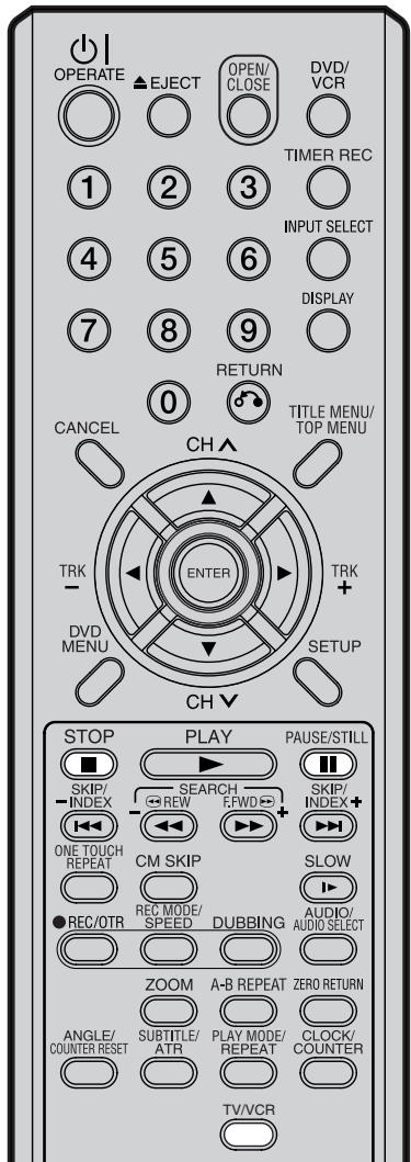 OPERATE EJECT OPEN/ CLOSE DVD/ VCR TIMER REC 1 2 3 INPUT SELECT 4 5 6 DISPLAY 7 8 9 RETURN 0 TITLE MENU/ TOP MENU CANCEL CH ENTER TRK- DVD MENU SETUP CH▼ STOP PLAY PAUSE/STILL SKIP/ INDEX SEARCH SKIP/ INDEX+ ONE TOUCH REPEAT CM SKIP SLOW REC/OTR REC MODE/ SPEED DUBBING AUDIO/ AUDIO SELECT ZOOM A-B REPEAT ZERO RETURN ANGLE/ COUNTER RESET SUBTITLE/ ATR PLAY MODE/ REPEAT CLOCK/ COUNTER TV/VCR