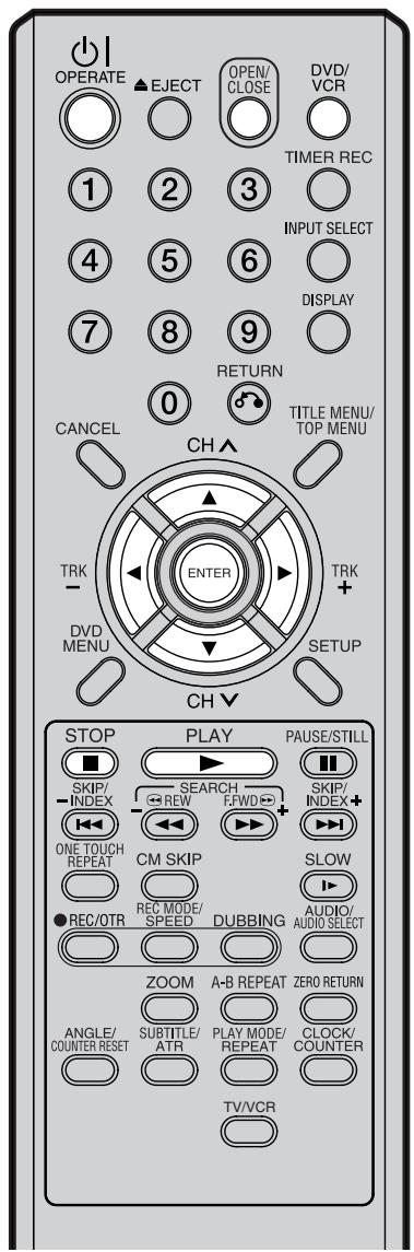 OPERATE EJECT OPEN/ CLOSE DVD/ VCR TIMER REC 1 2 3 INPUT SELECT 4 5 6 DISPLAY 7 8 9 RETURN 0 TITLE MENU/ TOP MENU CANCEL CH ENTER TRK - DVD MENU SETUP CH▼ STOP PLAY PAUSE/STILL SKIP/ INDEX SEARCH REW FWD SKIP/ INDEX+ ONE TOUCH REPEAT CM SKIP SLOW REC/OTR REC MODE/ SPEED DUBBING AUDIO/ AUDIO SELECT ZOOM A-B REPEAT ZERO RETURN ANGLE/ COUNTER RESET SUBTITLE/ ATR PLAY MODE/ REPEAT CLOCK/ COUNTER TV/VCR