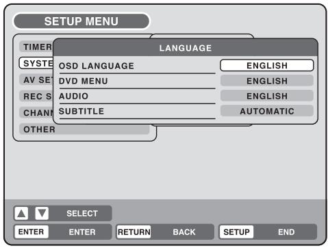 SETUP MENU TIMER LANGUAGE SYSTE OSD LANGUAGE ENGLISH AV SET DVD MENU ENGLISH REC S AUDIO ENGLISH CHANG SUBTITLE AUTOMATIC OTHER SELECT ENTER ENTER RETURN BACK SETUP END