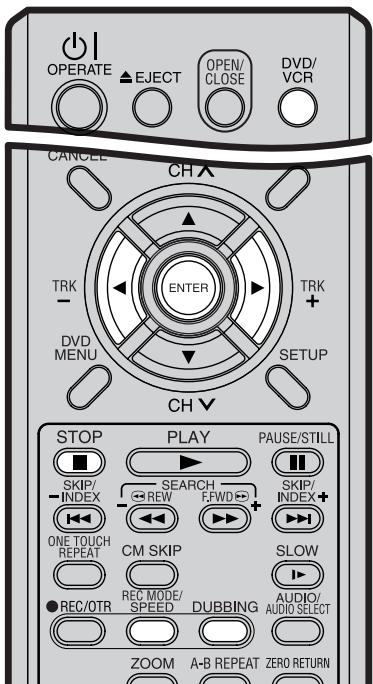 OPERATE EJECT OPEN/ CLOSE DVD/ VCR CANCE CH TRK - ENTER TRK + DVD MENU SETUP CH STOP PLAY PAUSE/STILL SKIP/ INDEX SEARCH SKIP/ INDEX+ ONE TOUCH REPEAT CM SKIP SLOW ● REC/OTR REC MODE/ SPEED DUBBING AUDIO/ AUDIO SELECT ZOOM A-B REPEAT ZERO RETURN