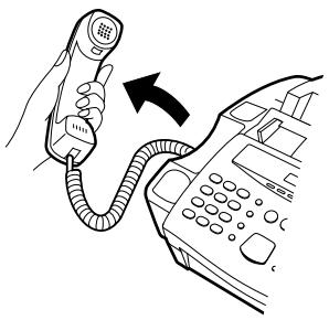 Diagram showing hand holding a telephone handset and pointing to the right side of a device with a circular arrow indicating rotation.