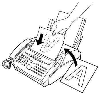 Illustration of a hand printing a document using a digital fax machine, with arrows indicating the process and letter 'A' visible.