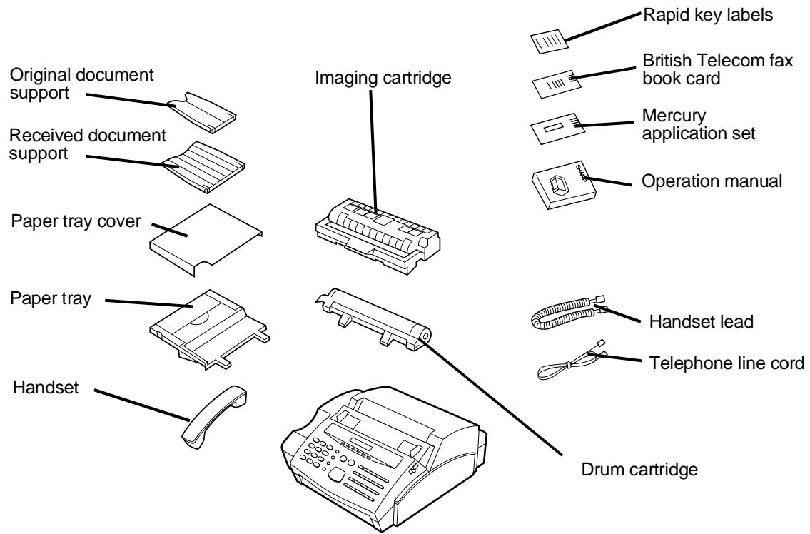 Original document support Received document support Paper tray cover Paper tray Handset Imaging cartridge Rapid key labels British Telecom fax book card Mercury application set Operation manual Handset lead Telephone line cord Drum cartridge
