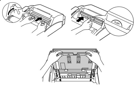 Technical diagram showing three steps of a mechanical device with labeled parts: grip, push button, and internal component.