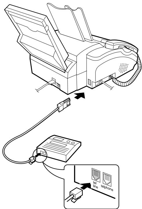 Diagram showing connection between a printer and an electronic device with labeled components including tel line and telephone