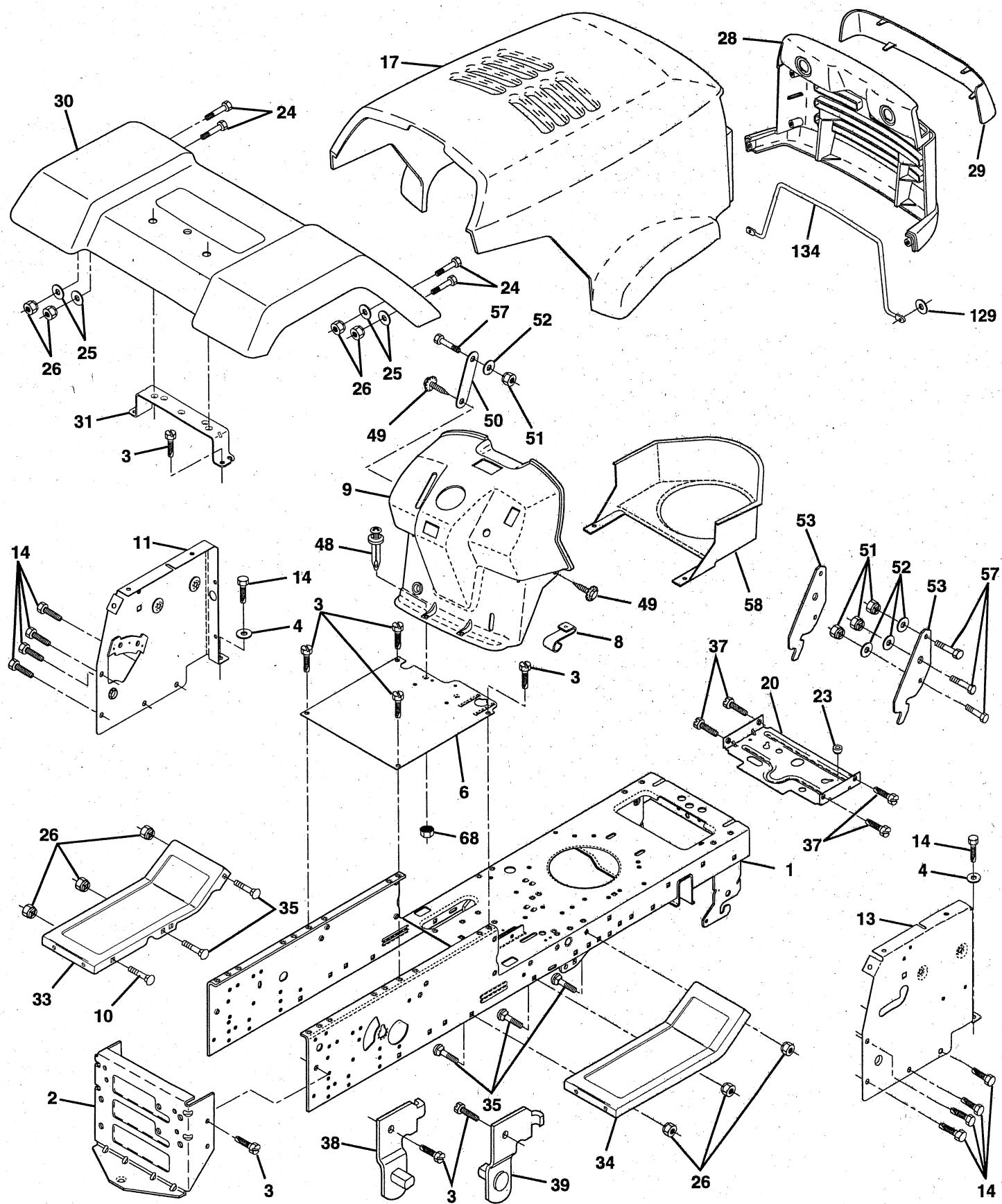 HUSQVARNA IPL - TRACTOR- -MODEL NO. LTH130 (HCLTH130A), PRODUCT NO. 954 88 00-61 CHASSIS AND ENCLOSURES - 1