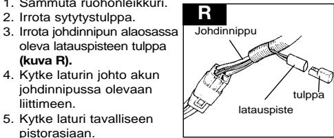 1. Samirinuta tuorhönleikkun. 2. Irrota sytytystulppa. 3. Irrota johdinnipun alaosassa oleva latauspisteen tulppa (kuva R). 4. Kytke laturin johto akun johdinnipussa olevaan liittimeen. 5. Kytke laturi tavalliseen pistorasiaan.