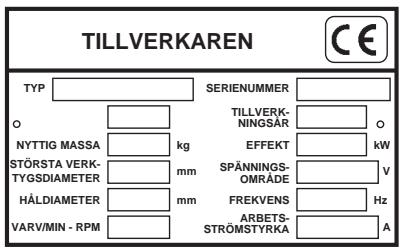 TILLVERKAREN CE TYP SERIENUMMER O NYTTIG MASSA kg STÖRSTA VERK- TYGSDIAMETER mm HÄLDIAMETER mm VARV/MIN - RPM TILLVERK- NINGSÄR EFFEKT SPÄNNINGS- OMRÅDE FREKVENS ARBETS- STRÖMSTYRKA A O kW V Hz
