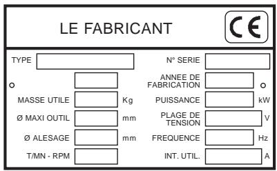 LE FABRICANT TYPE N° SERIE ANNEE DE FABRICATION MASSE UTILE Kg PUISANCE Ø MAXI OUTIL mm PLAGE DE TENSION Ø ALESAGE mm FREQUENCE Hz T/MN - RPM INT. UTIL. A