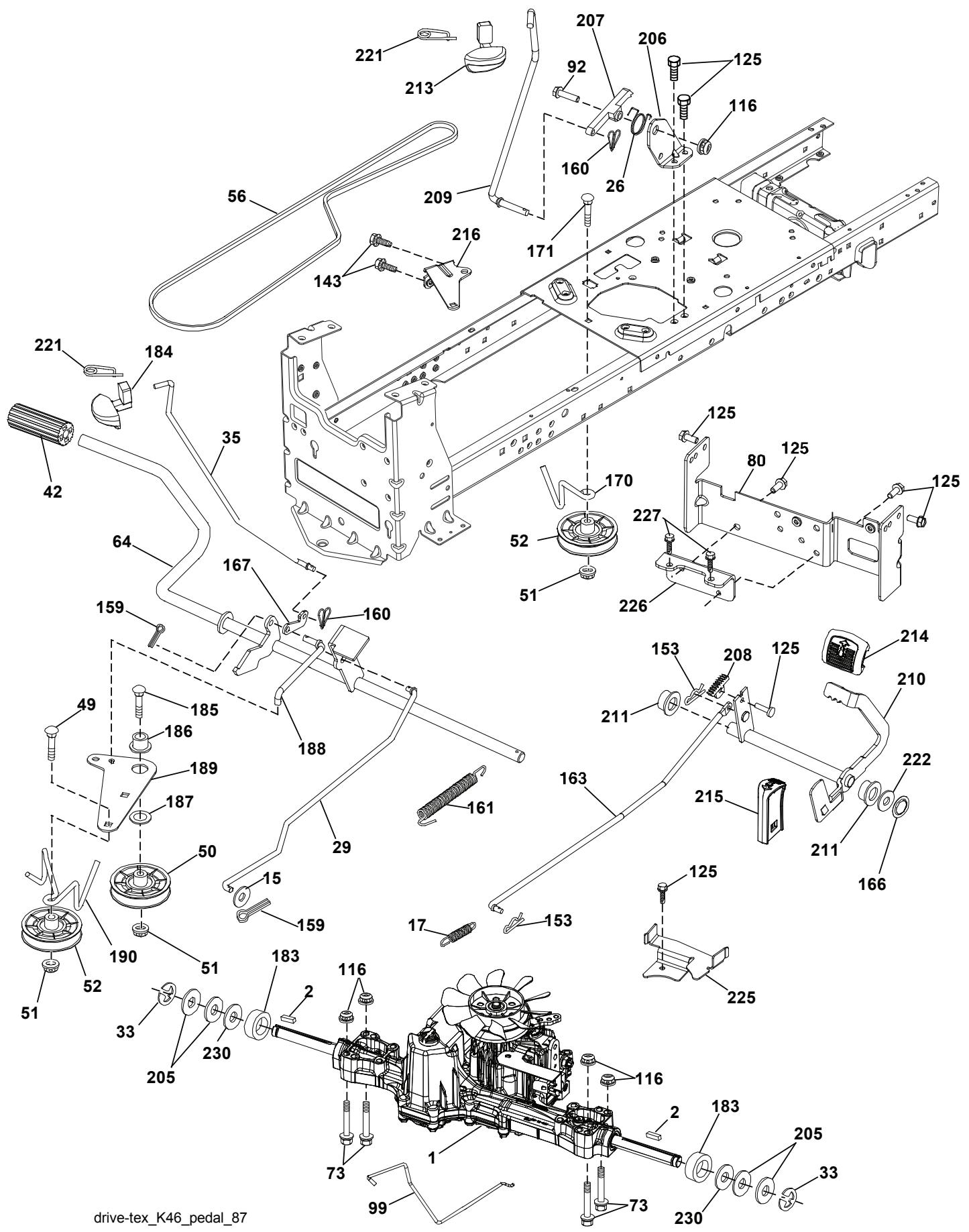 Exploded view diagram of a vehicle chassis with numbered components and assembly details