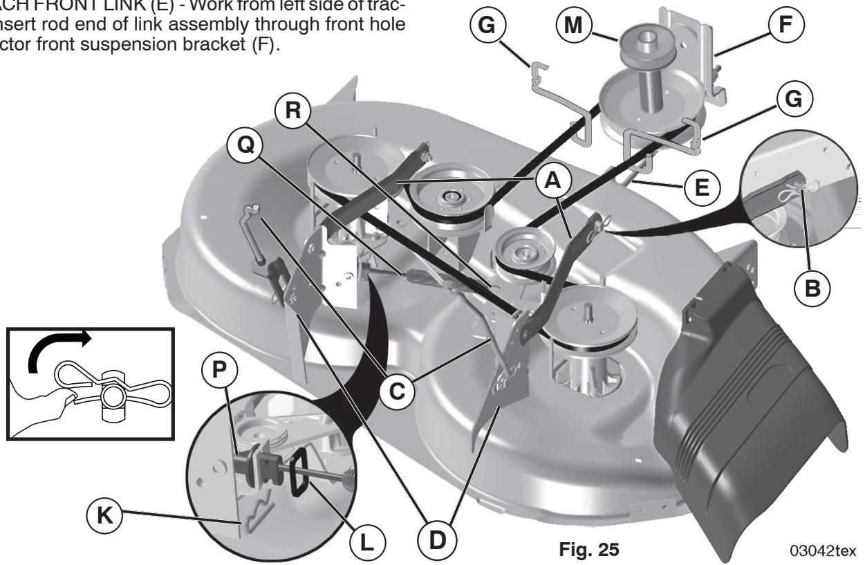 CH FRONT LINK (E) - Work from left side of trac- sert rod end of link assembly through front hole ctor front suspension bracket (F). G M F R Q A E B C P L D K Fig. 25 03042tex
