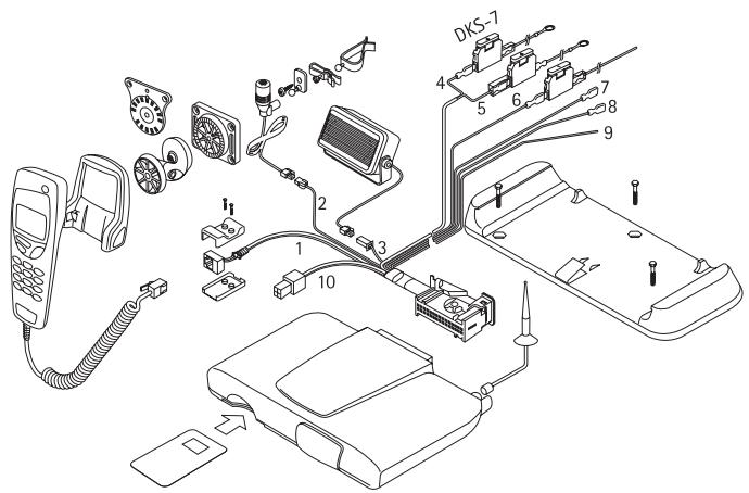 Exploded view diagram of a device assembly with labeled components and connectors