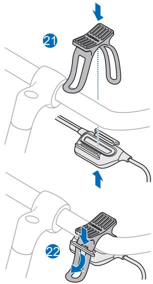 Diagram illustrating two steps of a cable clamp or connector being adjusted, labeled with numbers 21 and 22.