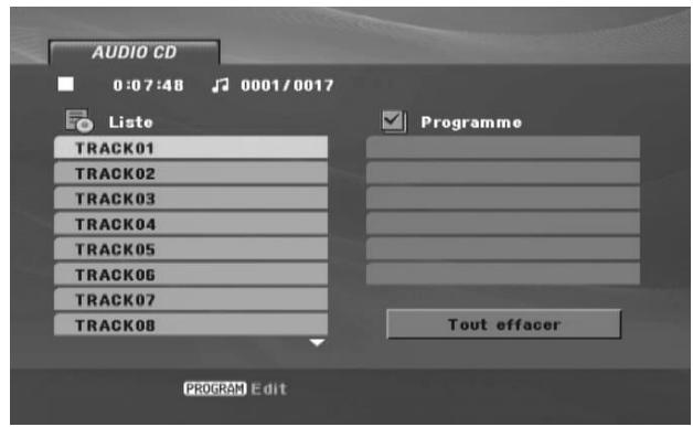 AUDIO CD 0:07:48 0001/0017 Liste TRACK01 TRACK02 TRACK03 TRACK04 TRACK05 TRACK06 TRACK07 TRACK08 Programme Tout effacer PROGRAM Edit