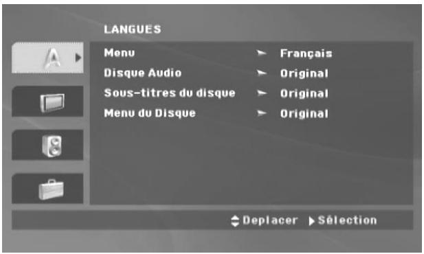 LANGUES Menu Disque Audio Sous-titres du disque Menu du Disque Français Original Original Original Deplacer Sélection