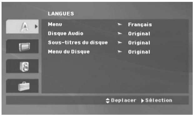 LANGUES Menu ▶ Français Disque Audio ▶ Original Sous-titres du disque ▶ Original Menu du Disque ▶ Original ◆ Deplacer ▶ Sélection