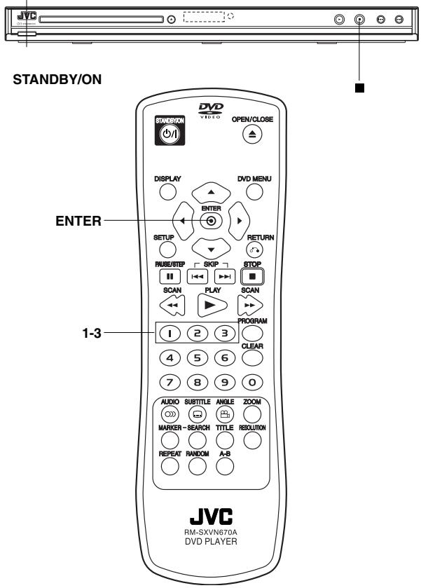 STANDBY/ON DVD STANDBY/ON OPEN/CLOSE DISPLAY DVD MENU ENTER SETUP RETURN RMS/STEP SKIP STOP SCAN PLAY SCAN PROGRAM 1-3 1 2 3 CLEAR 4 5 6 7 8 9 0 AUDIO SUBTITLE ANGLE ZOOM MARKER-SEARCH TITLE RESOLUTION REPEAT RANDOM A-B JVC RM-SXVN670A DVD PLAYER