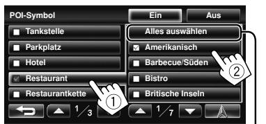 JVC KW-NT1 - Wählen Sie Kategorien (①) und Unterkategorien (②) von Sonderzielen (POIs), die Sie auf der Karte anzeigen wollen. - 1
