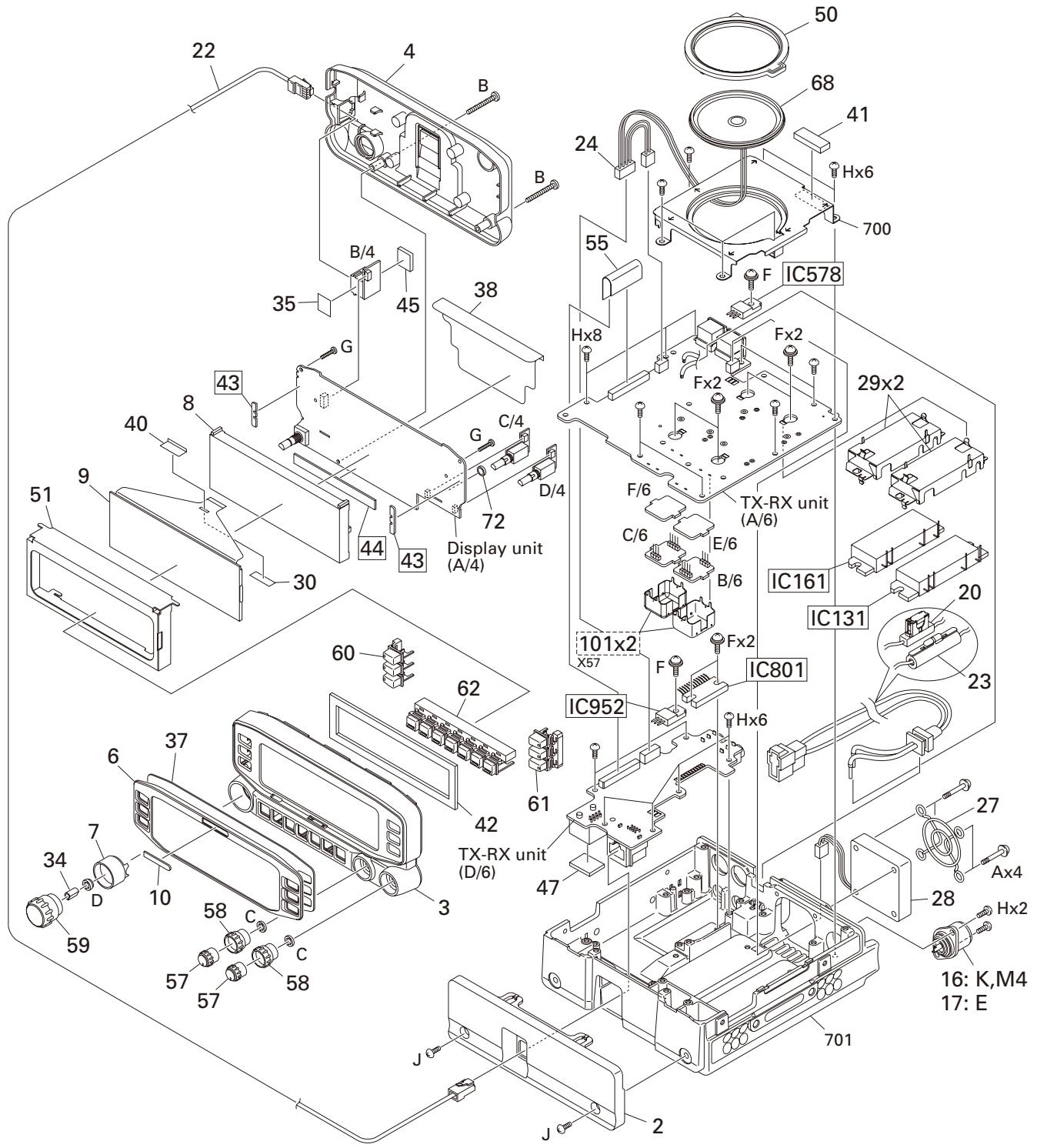 Exploded view diagram of a device assembly with labeled components and part numbers