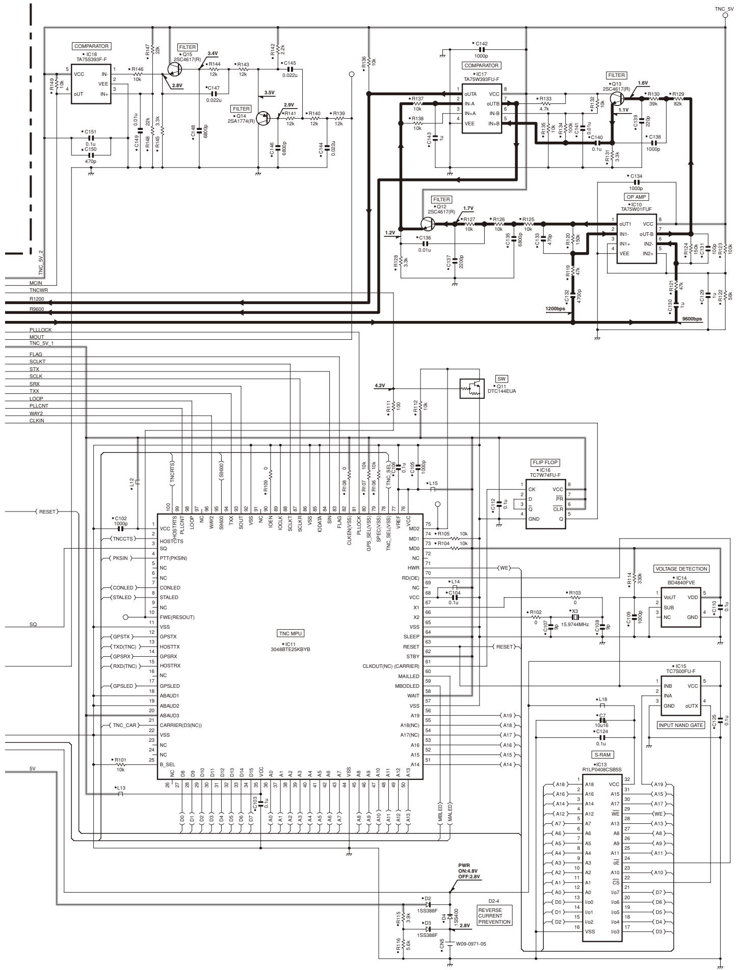 Circuit schematic diagram of a power supply or amplifier system with labeled components, ICs, resistors, capacitors, and connections.