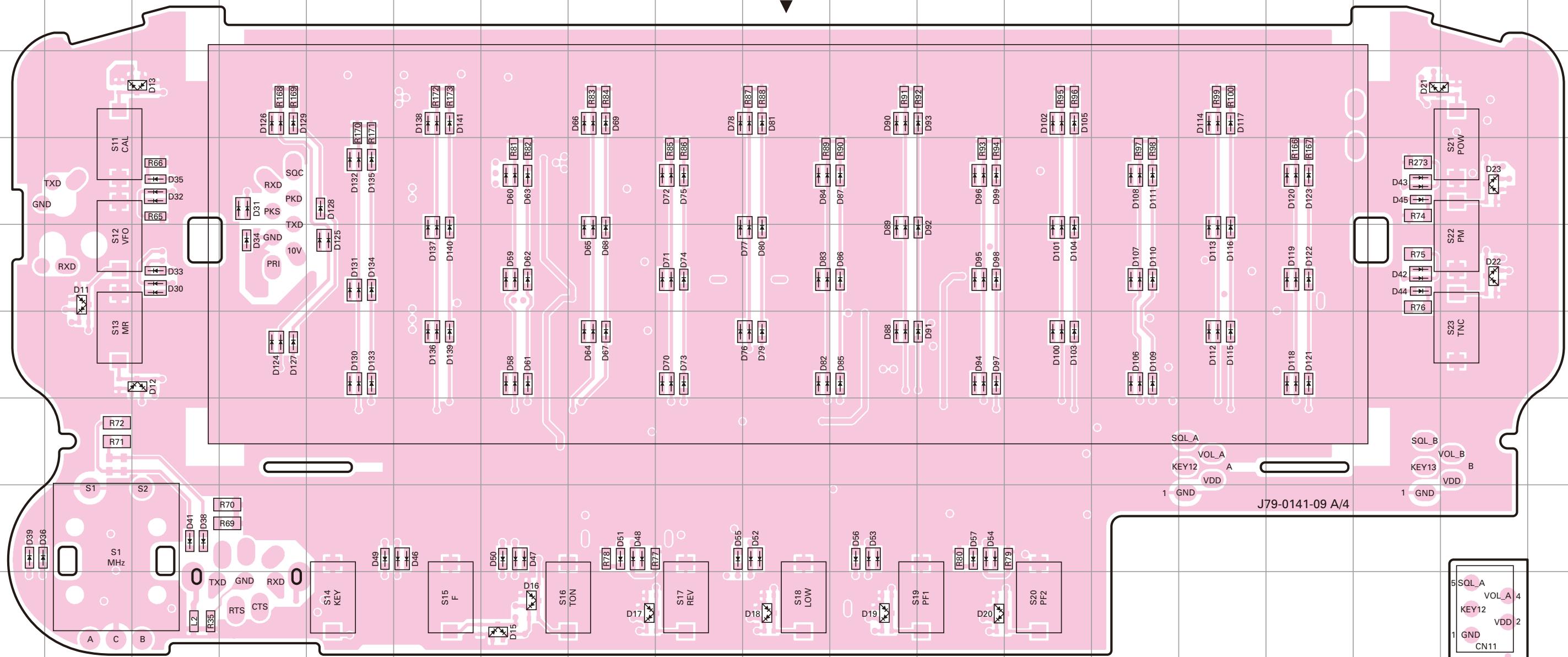 TXD GND S11 CAL R66 D35 D32 R65 S12 VFO RXD D11 D33 D30 S13 MR D12 R72 R71 S1 MHz S2 D39 D36 R70 R69 TXD GND RXD RTS CTS A C B D124 D127 D128 D129 D130 D131 D132 D133 D134 D135 D136 D137 D138 D139 D140 D141 D142 D143 D144 D145 D146 D147 D148 D149 D150 D151 D152 D153 D154 D155 D156 D157 D158 D159 D160 D161 D162 D163 D164 D165 D166 D167 D168 D169 D170 D171 D172 D173 D174 D175 D176 D177 D178 D179 D180 D181 D182 D183 D184 D185 D186 D187 D188 D189 D190 D191 D192 D193 D194 D195 D196 D197 D198 D199 D200 D201 D202 D203 D204 D205 D206 D207 D208 D209 D210 D211 D212 D213 D214 D215 D216 D217 D218 D219 D220 D221 D222 SOL_A VOL_A KEYI2 VDD J79-0141-09 A/4 SOL_B VOL_B KEYI3 B VDD SOL_A VOL_A 4 KEYI2 VDD 2 GND CNI 1