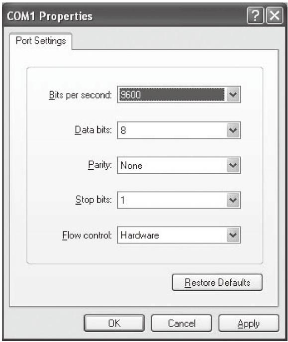 COM1 Properties Port Settings Bits per second: 3600 Data bits: 8 Parity: None Stop bits: 1 Flow control: Hardware Restore Defaults OK Cancel Apply