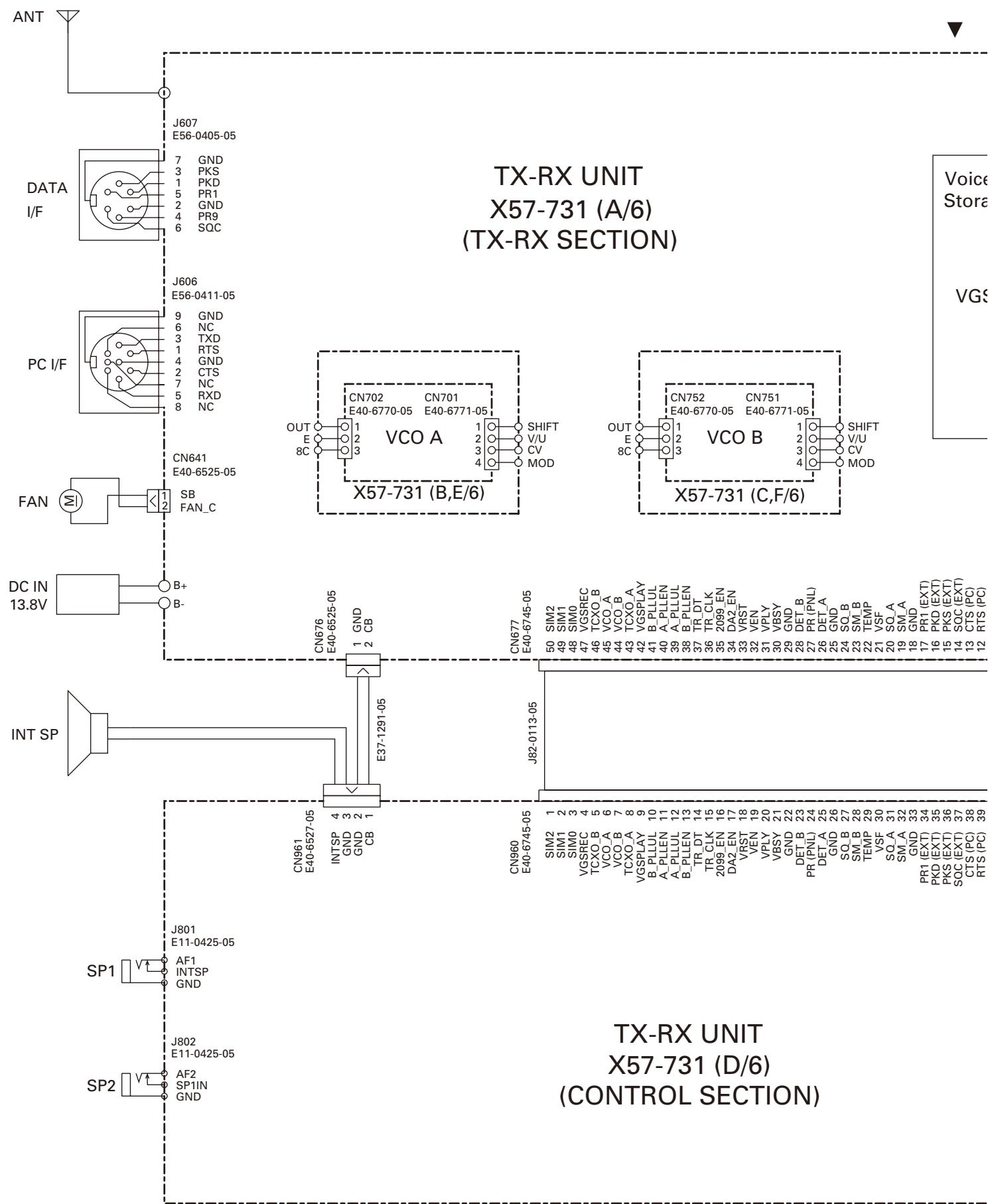TX-RX UNIT X57-731 (A/6) (TX-RX SECTION) ANT J607 E56-0405-05 DATA I/F 7 GND 3 PKS 1 PKD 5 PR1 2 GND 4 PR9 6 SQC J606 E56-0411-05 9 GND 6 NC 3 TXD 1 RTS 4 GND 2 CTS 7 NC 5 RXD 8 NC PC I/F CN641 E40-6525-05 FAN SB FAN_C DC IN 13.8V B+ B- INT SP J801 E11-0425-05 SP1 J802 E11-0425-05 SP2 AF1 INTSP GND TX-RX UNIT X57-731 (D/6) (CONTROL SECTION) Voice Stora VGS CN702 CN701 E40-6770-05 E40-6771-05 VCO A SHIFT E40-6770-05 E40-6771-05 X57-731 (B,E/6) OUT 1 2 3 4 8C 1 2 3 4 8C 1 2 3 4 8C 1 2 3 4 8C 1 2 3 4 8C 1 2 3 4 8C 1 2 3 4 8C 1 2 3 4 8C 1 2 3 4 8C 1 2 3 4 8C CN752 CN751 E40-6770-05 E40-6771-05 VCO B X57-731 (C,F/6) OUT 1 2 3 4 8C 1 2 3 4 8C 1 2 3 4 8C 1 2 3 4 8C 1 2 3 4 8C 1 2 3 4 8C CN676 CN677 E40-6525-05 E37-1291-05 1 GND 2 CB CN961 CN960 E40-6527-05 INTSP GND GND CB 1 INTSP GND CB CN960 E40-6745-05 SIM2 SIM1 SIM0 VGSREC TXO B VCO A VCO B TCXO A VGSPLAY B PLLUL A PLLLEN A PLLLEN A PLLLEN A PLLLEN A PLLLEN A PLLLEN A PLLLEN A PLLLEN A PLLLEN A PLLLEN A PLLLEN A PLLLEN A PLLLEN A PLLLEN A PLLLEN A PLLLEN A PLLLEN A PLLLEN A PLLLEN A PLLLEN A PLLLEN A PLLLEN A PLLLEN A PLLLEN A PLLLEN A PLLLEN A PLLLEN A PLLLEN A PLLLEN A PLLLEN A PLLLEN A PLLLEN A PLLLEN A PLLLEN: VGSPLAY B PLLUL A PLLLEN A PLLLEN A PLLLEN A PLLLEN A PLLLEN A PLLLEN A PLLLEN A PLLLEN A PLLLEN A PLLLEN A PLLLEN: VGSPLAY B PLLUL A PLLLEN A PLLLEN A PLLLEN A PLLLEN A PLLLEN A PLLLEN A PLLLEN: VGSPLAY B PLLUL A PLLLEN A PLLLEN A PLLLEN A PLLLEN: VGSPLAY B PLLUL: VGSPLAY B PLLUL: VGSPLAY B PLLUL: VGSPLAY B PLLUL: VGSPLAY B PLLUL: VGSPLAY B PLLUL: VGSPLAY B PLLUL: VGSPLAY B PLLUL: VGSPLAY B PLLUL: VGSPLAY B PLLUL: VGSPLAY B PLLUL: VGSPLAY B PLLUL: VGSPLAY B PLLUL: VGSFLAY B PLLUL: VGSFLAY B PLLUL: VGSFLAY B PLLUL: VGSFLAY B PLLUL: VGSFLAY B PLLUL: VGSFLAY B PLLUL: VGSFLAY B PLLUL: VGSFLAY B PLLUL: VGSFLAY B PLLUL: VGSFLAY B PLLUL: VGSFLAY B PLLUL: VGSFLAY B PLLUL: VGSFLAY B PLLULE: VGSFLAY B PNL: VGSFLAY B PNL: VGSFLAY B PNL: VGSFLAY B PNL: VGSFLAY B PNL: VGSFLAY B PNL: VGSFLAY B PNL: VGSFLAY B PNL: VGSFLAY B PNL: VGSFLAY B PNL: VGSFLAY B PNL: VGSFLAY B PNL: VGSFLAY B PNL: VGSFALB: VGSFALB: VGSFALB: VGSFALB: VGSFALB: VGSFALB: VGSFALB: VGSFALB: VGSFALB: VGSFALB: VGSFALB: VGSFALB: VGSFALB: VGSFALB: VGSFALB: VGSFALB: VGSFALB: VGSFLYB: VGSFLYB: VGSFLYB: VGSFLYB: VGSFLYB: VGSFLYB: VGSFLYB: VGSFLYB: VGSFLYB: VGSFLYB: VGSFLYB: VGSFLYB: VGSFLYB: VGSFLYB: VGSFLYB: VGSFLYB: VGSFLYB: VDSFLYB: VDSFLYB: VDSFLYB: VDSFLYB: VDSFLYB: VDSFLYB: VDSFLYB: VDSFLYB: VDSFLYB: VDSFLYB: VDSFLYB: VDSFLYB: VDSFLYB: VDSFLYB: VDSFLYB: VDSFLYB: VDSFLYB: CN961 E40-6527-05 INTSP GND GND CB 1 INTSP GND GND CB J801 E11-0425-05 AF1 INTSP GND J802 E11-0425-05 AF2 SPIN GND
