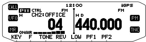 CALL PTT CTRL UFO H CH2:OFFICE 04 MR ONAIR KEY F TONE REV 12:00 FM H D 440.000 LOW PF1 PF2 iGPS FM PM THC