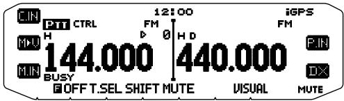 CIN PTT CTRL 12:00 FM D 0 H D MIN 144.000 | 440.000 MIN BUSY OFF T.SEL SHIFT MUTE iGPS FM PIN IX MUTE