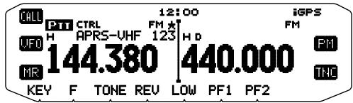 CALL PTT CTRL FM ★ 12:00 iGPS UFO H APRS-VHF 123 H D 144.380 440.000 MR KEY F TONE REV LOW PF1 PF2 THC