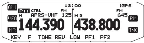 CALL PTT CTRL 12:00 iGPS H APRS-VHF FM 645 UFO 125 H D MR 144.390 438.800 FM KEY F TONE REV LOW PF1 PF2 THC