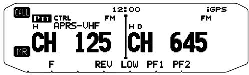 CALL PTT CTRL 12:00 iGPS H H D FM FM APRS-VHF CH 645 MR CH 125 CH F REV LOW PF1 PF2