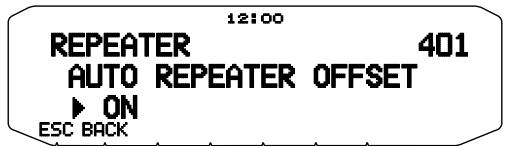 12:00 REPEATER 401 AUTO REPEATER OFFSET ► ON ESC BACK