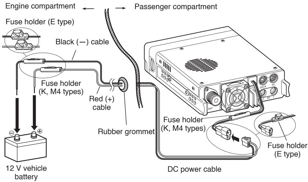 Engine compartment Fuse holder (E type) Black (−) cable Fuse holder (K, M4 types) Red (+) cable Rubber grommet 12 V vehicle battery Passenger compartment Fuse holder (K, M4 types) DC power cable Fuse holder (E type)