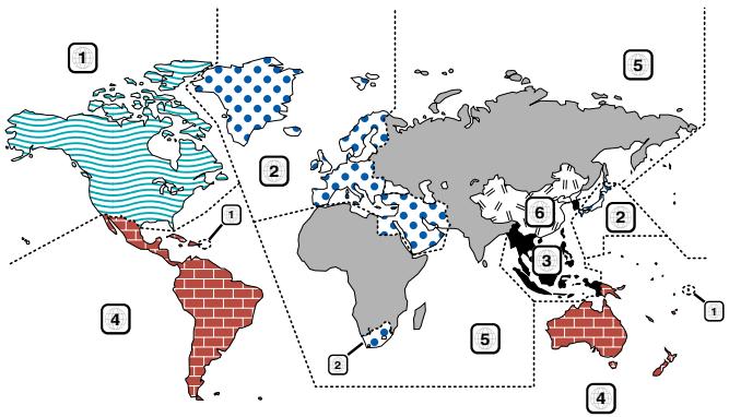 World map with numbered regions and colored zones, highlighting key countries like the United States, Canada, and Australia.