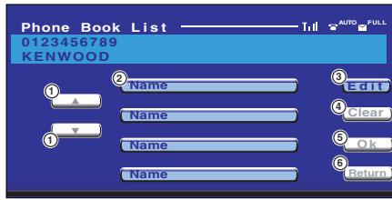 Phone Book List 0123456789 KENWOOD 1 2 Name 3 Edit 4 Clear 5 Ok 6 Return