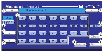 Message Input Kenwood Aa type a b c d e f q h i j k l m n o p q r s t u v w x y z Clear Space Return AUTO FULL