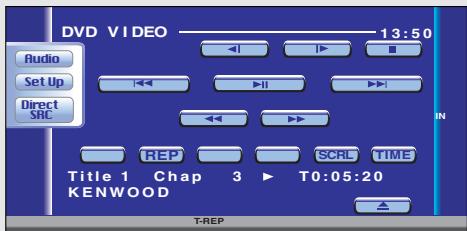 DVD VIDEO 13:50 Audio Set Up Direct SRC REP SCRL TIME Title 1 Chap 3 T0:05:20 KENWOOD T-REP