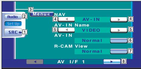 Audio Set Up SRC ← 1 Menu← NAV AV - IN Name AV - IN VIDEO AV - IN Normal R-CAM View Normal AV I/F 1 → 8