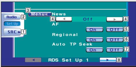 Audio Set Up SRC←1 Menu← News 4 Off AF On Off 5 Regional On Off 6 Auto TP Seek On Off 7 RDS Set Up 1 → 8