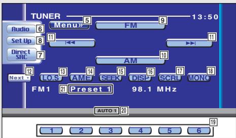 TUNER Radio 6 Set Up 8 Direct SRC 7 Next 12 FM1 2 Preset 1 Menu 5 FM 9 13:50 AM 10 LOS AM SEE DISP SRL MONC 98.1 MHz AUTO 1 20 1 2 3 4 5 6 19