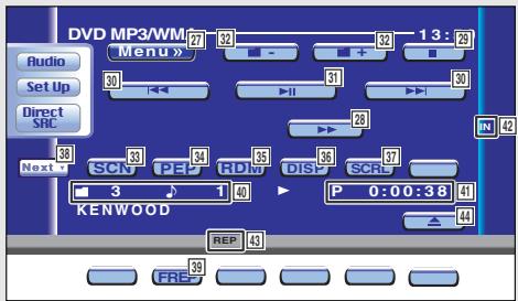 DVD MP3/WM Menu » 27 52 13 : 26 Audio Set Up Direct SHC 30 31 30 Next 33 53 54 55 56 57 SCN PE RDM DISP SCR 3 1 40 P 0:00:38 41 KENWOOD REP 43 FRE