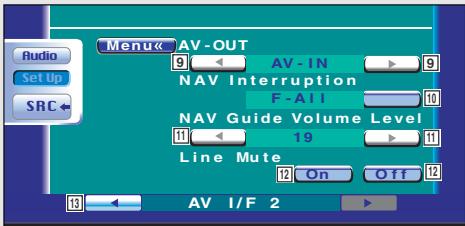 Audio Set Up SRC Menu AV-OUT 9 AV-IN NAV Interruption F-All 10 NAV Guide Volume Level 11 19 Line Mute 12 On Off 13 AV I/F 2