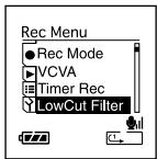 Rec Menu ● Rec Mode VCVA Timer Rec LowCut Filter
