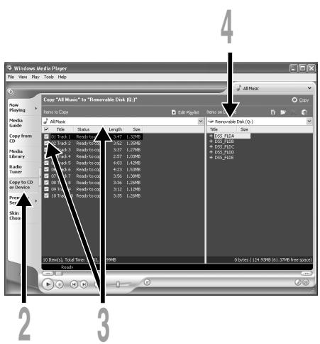 Windows Media Player File View Play Tools Help New Playing Media Guide Copy "All Music" to "Removable Disk (2.1)" Items to Copy All Music Title Status Length Size 01 Track 1 Ready to cc 3.47 1.29MB 02 Track 2 Ready to cc 3.52 1.29MB 03 Track 3 Ready to cc 3.57 1.29MB 04 Track 4 Ready to cc 2.57 1.29MB 05 Track 5 Ready to cc 4.63 1.29MB 06 Track 6 Ready to cc 4.23 1.29MB 07 Track 7 Ready to cc 3.56 1.29MB 08 Track 8 Ready to cc 3.39 1.29MB 09 Track 9 Ready to cc 3.12 1.29MB 10 Track 10 Ready to cc 3.35 1.29MB Copy to CD or Device Over Size Chase 10 Demio, Total Time: 0:00:00 MB Ready 4 2 3 4 © Oates / 124,03MB (61.37MB Free space)