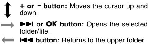 + or - button: Moves the cursor up and down. ►►l or OK button: Opens the selected folder/file. ►► button: Returns to the upper folder.