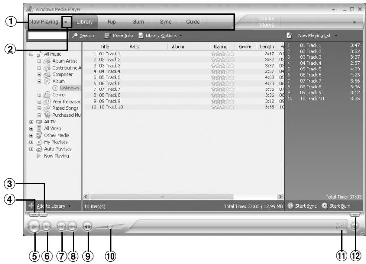 Windows Media Player Now Playing Library Rip Burn Sync Guide Search More Info Library Options Title Artist Album Rating Genre Length File 1 01 Track 1 3:47 2 02 Track 2 3:52 3 03 Track 3 3:37 4 04 Track 4 2:57 5 05 Track 5 4:03 6 06 Track 6 4:23 7 07 Track 7 3:56 8 08 Track 8 3:36 9 09 Track 9 3:12 10 10 Track 10 3:35 Total Time: 37:03 ① ② ③ ④ ⑤ ⑥ ⑦ ⑧ ⑨ ⑩ 10 10 Track 10