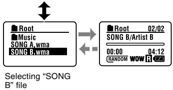 Root Music SONG A.wma SONG B.wma Selecting "SONG B" file Root 02/02 SONG B/Artist B 00:00 04:12 RANDOM wow R